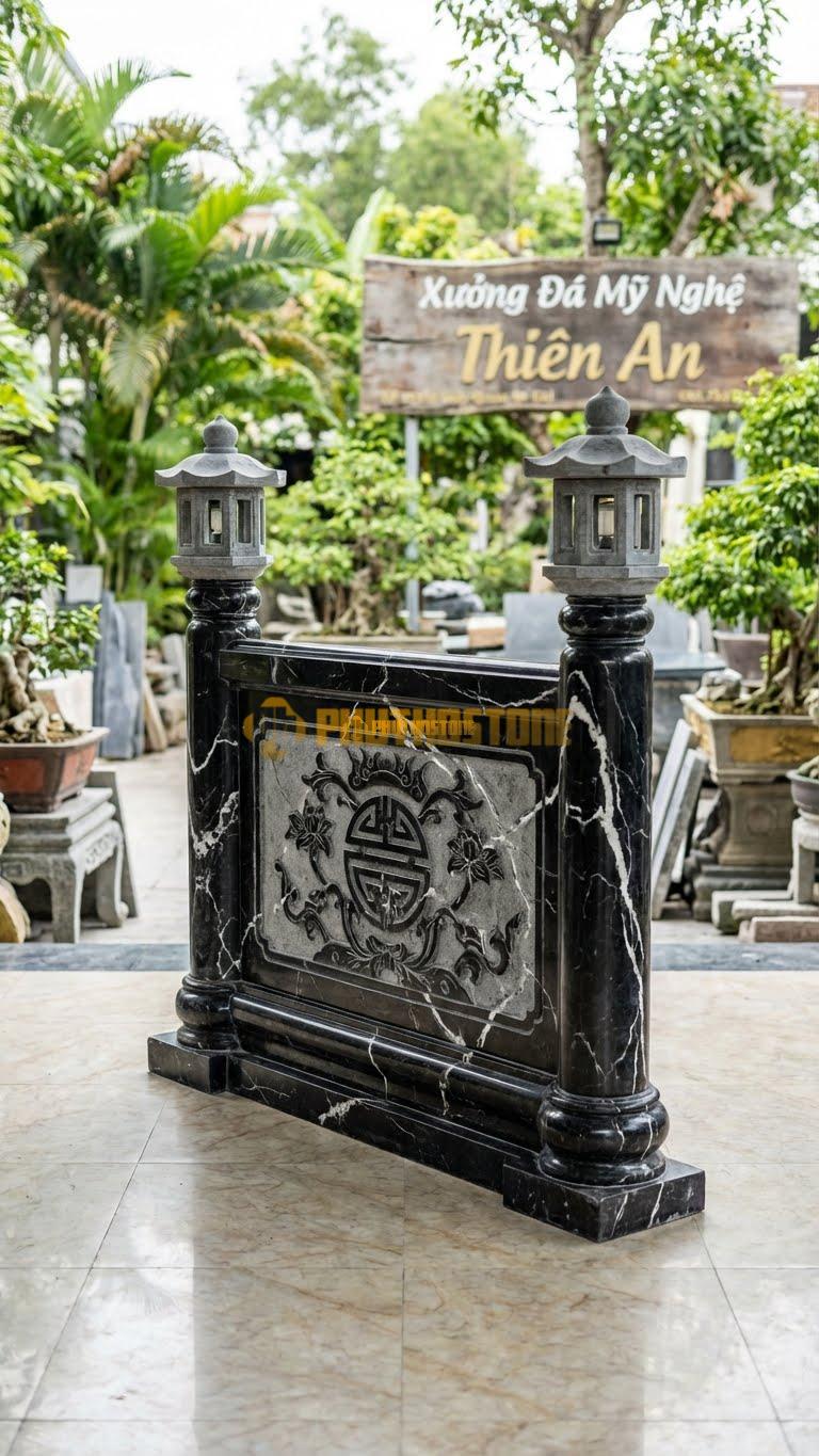 Cuốn Thư Đá Đen Tia Chớp Cột Đèn Tròn Bát Giác L167: Đỉnh Cột Là Bóng Đèn Hình Bát Giác. (L167 x H155 Cm).