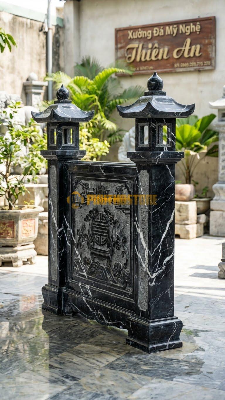 Cuốn Thư Đá Đen Tia Chớp Cột Đèn Vuông Mái Đao L147: Đỉnh Cột Là Đèn Lồng Vuông Có Mái Cong. (L147 x H147 Cm).
