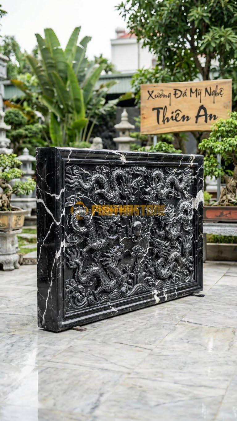 Cuốn Thư Đá Đen Tia Chớp Cửu Long (9 Rồng) L235: Mẫu Đại, Chạm 9 Con Rồng Vờn Ngọc. (L235 x H176 Cm).