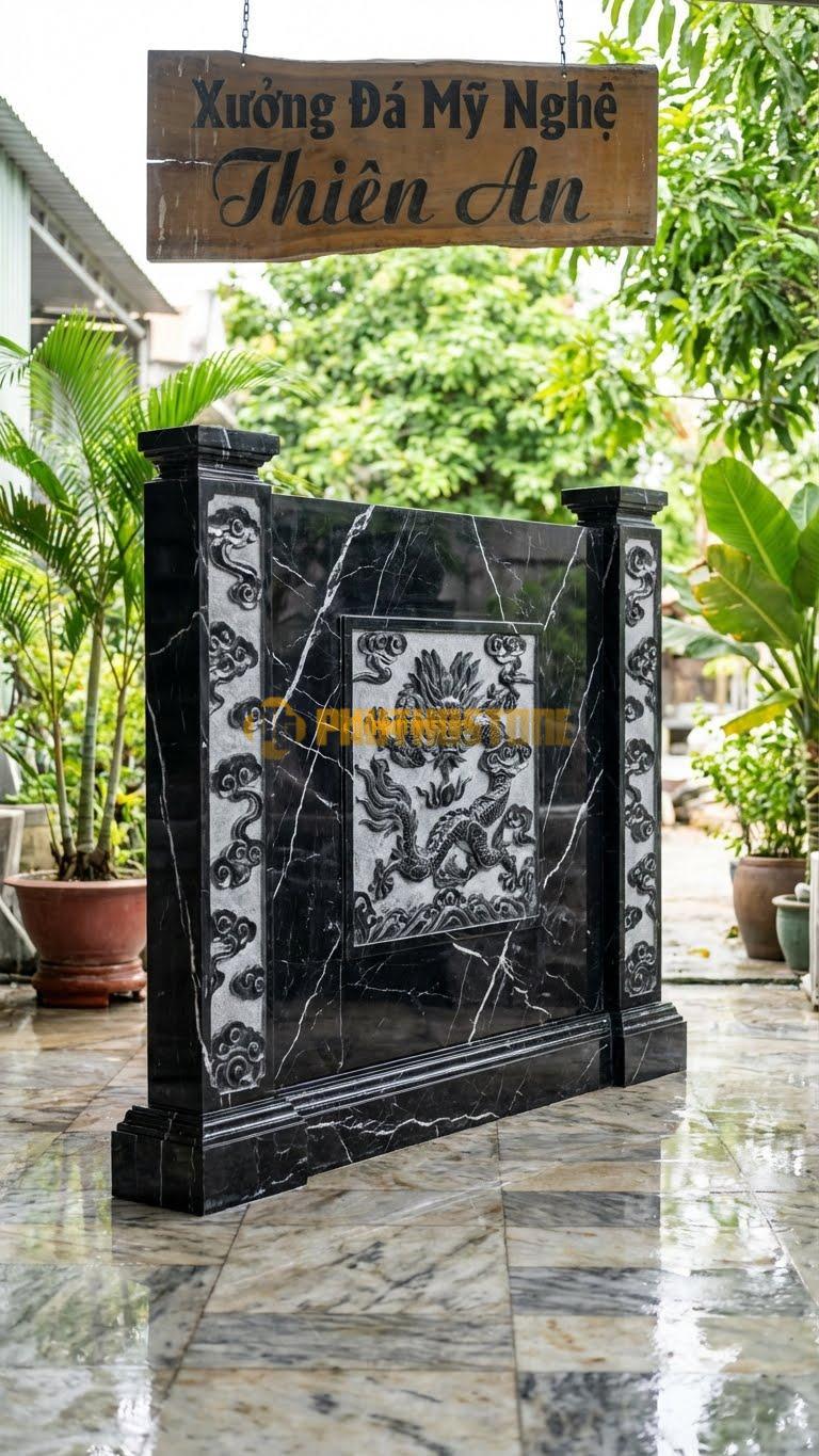 Cuốn Thư Đá Đen Tia Chớp Rồng Hóa Mây L197: Rồng Ẩn Hiện Trong Vân Mây, Cột Chạm Vân Mây Đồng Bộ. (L197 x H155 Cm).