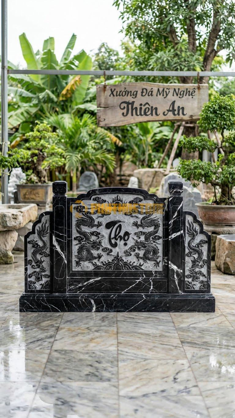 Cuốn Thư Đá Đen Tia Chớp Tam Quan Cánh Gà L300: Phần Thân Kéo Dài Sang Hai Bên (Cánh Gà). (L300 x H197 Cm).