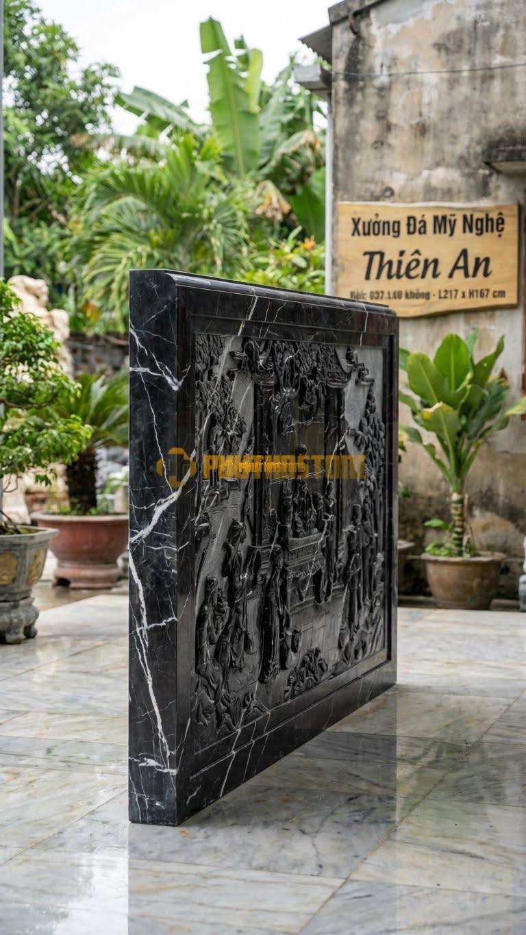 Cuốn Thư Đá Đen Tia Chớp Tam Quan Chạm Điển Tích L217: Chạm Tranh Dân Gian/Cổ Tích Khổ Lớn. (L217 x H167 Cm).
