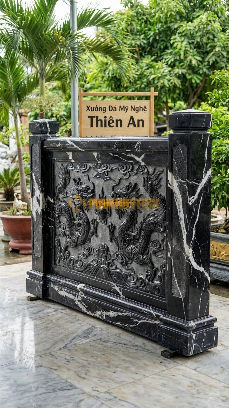 Cuốn Thư Đá Đen Tia Chớp Tam Quan Rồng Chầu L255: Cột Trụ 30Cm, Thân Chạm Lưỡng Long. (L255 x H197 Cm).