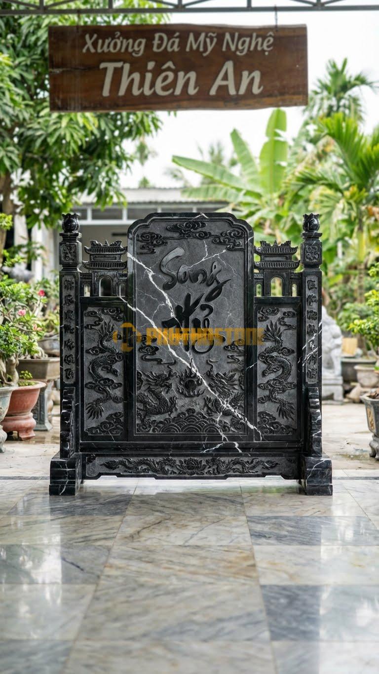 Cuốn Thư Đá Đen Tia Chớp Tam Quan Song Hỷ L217: Chạm Chữ Song Hỷ Lớn. (L217 x H167 Cm).