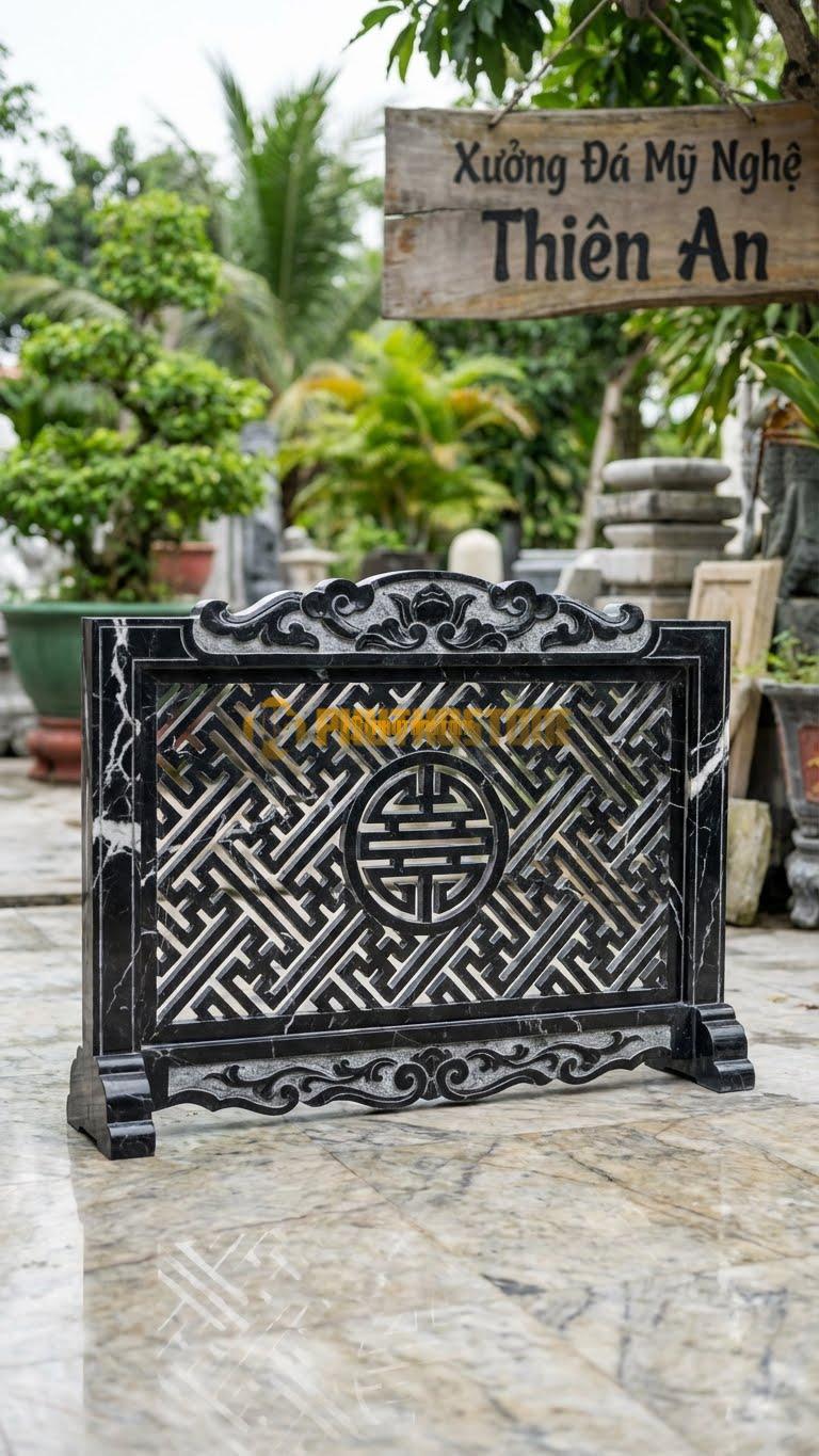 Cuốn Thư Đá Đen Tia Chớp Thông Phong Chữ Vạn L127: Họa Tiết Lưới Chữ Vạn Đục Thủng. (L127 x H69 Cm).