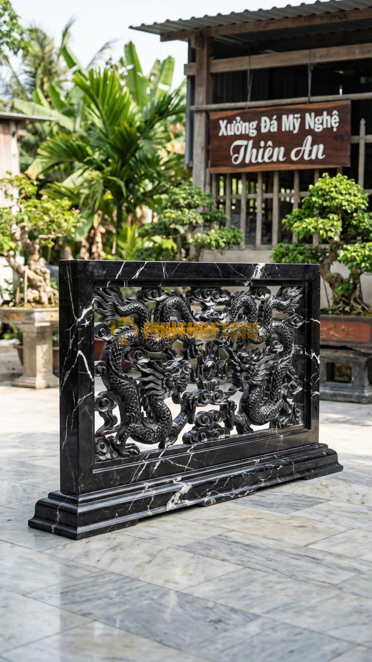 Cuốn Thư Đá Đen Tia Chớp Thông Phong Rồng L147: Rồng Uốn Lượn, Các Khe Hở Đục Thủng Hoàn Toàn. (L147 x H89 Cm).