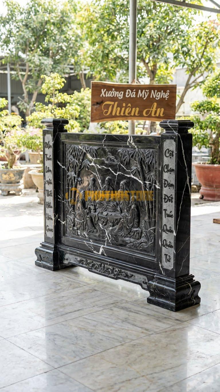 Cuốn Thư Đá Đen Tia Chớp Trúc Lâm Thất Hiền L155: Chạm Cảnh Rừng Trúc, Cột Chạm Đốt Trúc Quân Tử. (L155 x H127 Cm).