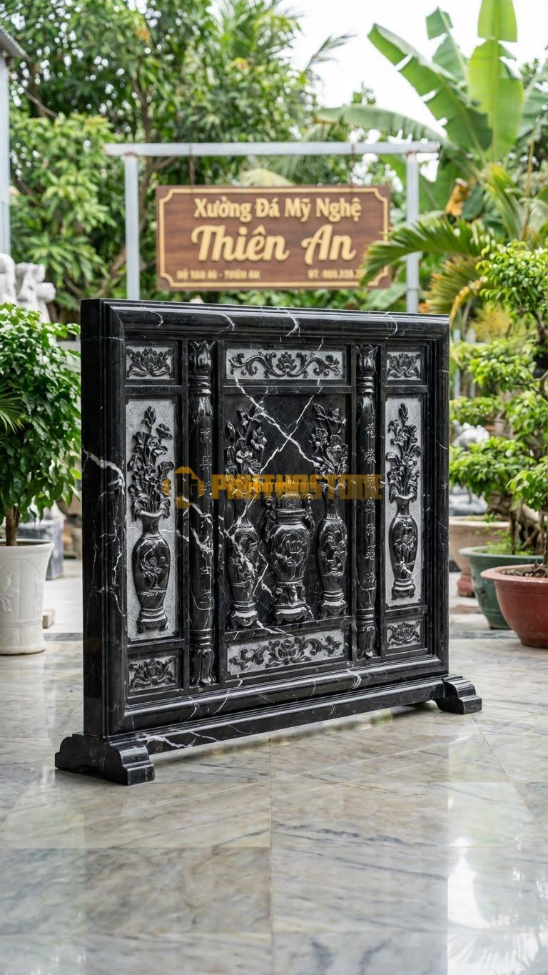 Cuốn Thư Đá Đen Tia Chớp Tứ Bình (Bình Hoa) L155: Chạm 4 Lọ Lộc Bình Cắm Hoa, Cột Chạm Bình Bông. (L155 x H127 Cm).