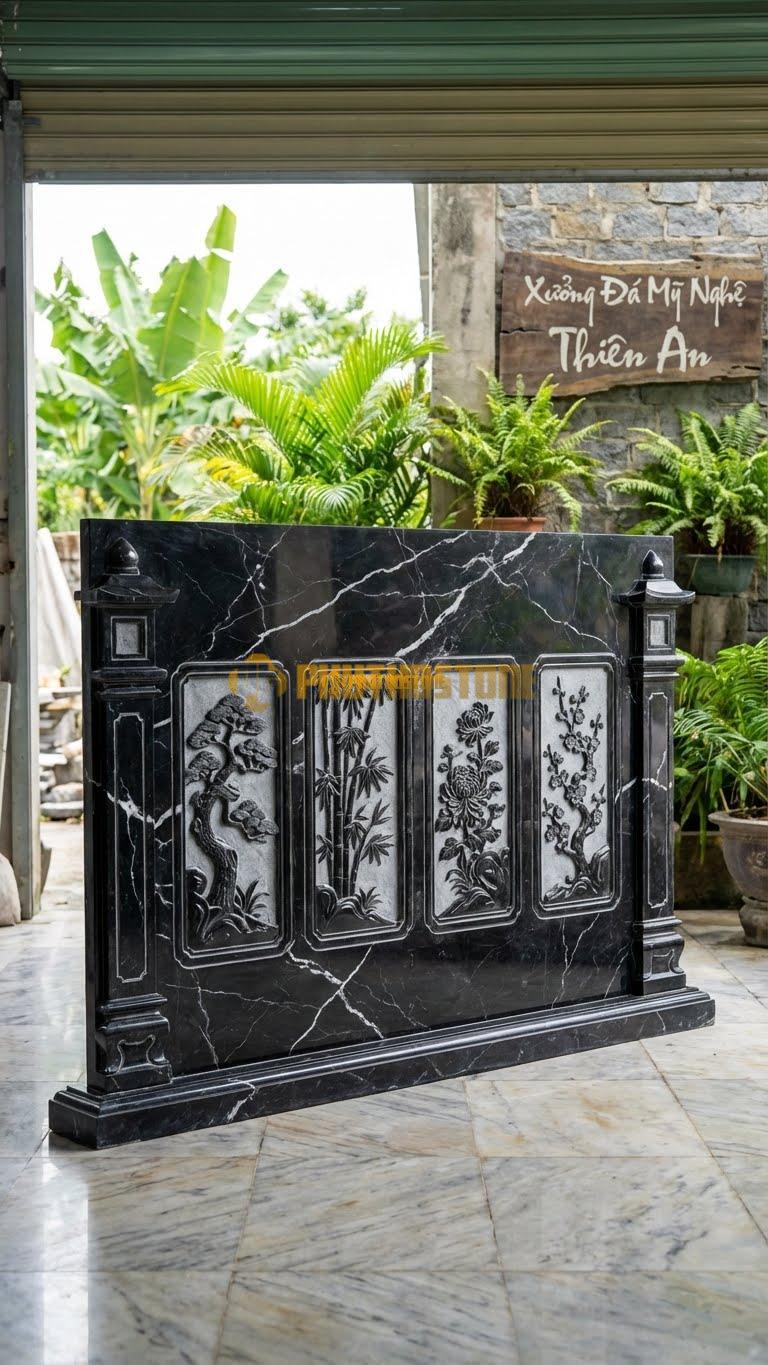 Cuốn Thư Đá Đen Tia Chớp Tứ Quý Khung Tranh L197: 4 Cảnh Nằm Trong 4 Khung Đục Nổi, Cột Đèn Lồng. (L197 x H155 Cm).