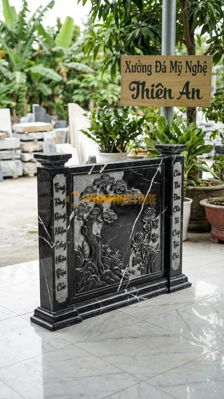 Cuốn Thư Đá Đen Tia Chớp Tứ Quý Tùng Cúc L147: Mặt Trước Tùng-Cúc, Mặt Sau Trúc-Mai, Cột Chạm Câu Đối. (L147 x H127 Cm).