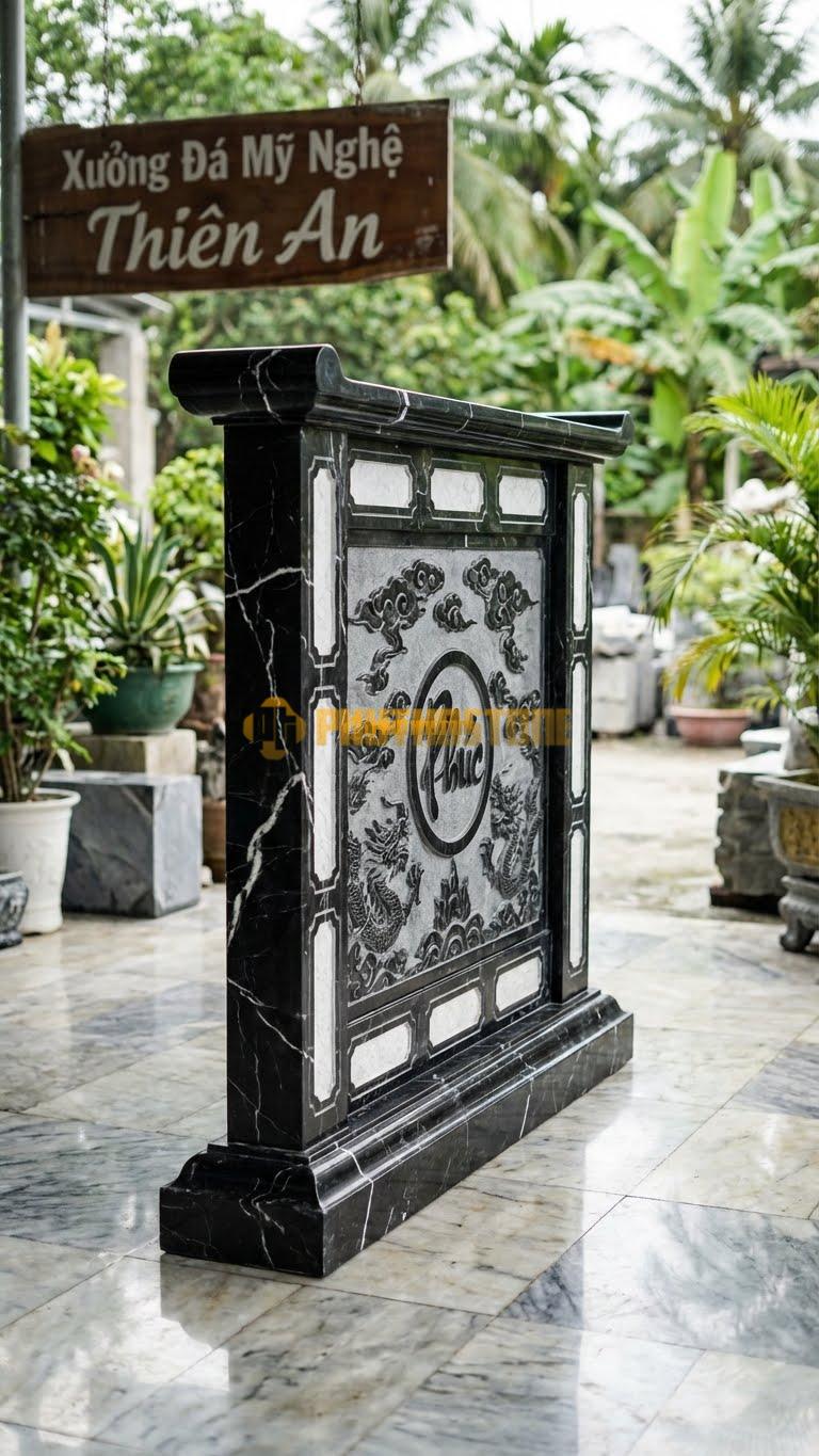 Cuốn Thư Đá Đen Tia Chớp Xanh Rêu Kết Hợp Đá Trắng L167: Điểm Xuyết Chi Tiết Đá Trắng (Ghép) Tạo Tương Phản. (L167 x H147 Cm).