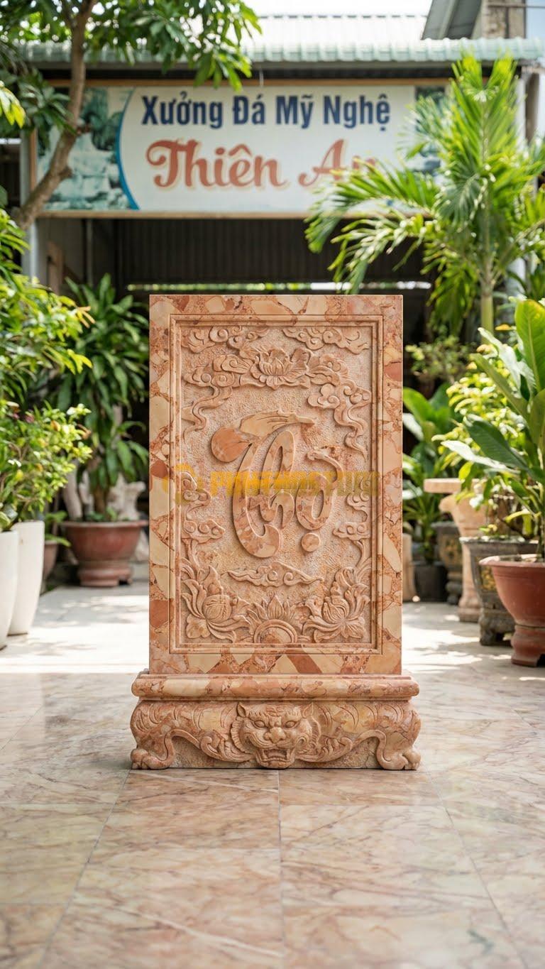 Cuốn Thư Đá Hồng Chữ Thọ Đế Chân Quỳ L147: Đế Chân Quỳ Chạm Hổ Phù. (L147 x H89 Cm).