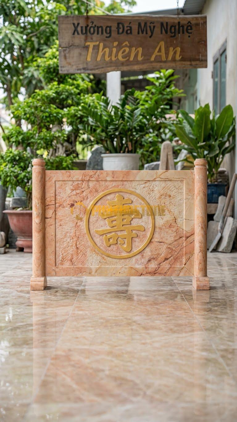 Cuốn Thư Đá Hồng Chữ Thọ Mạ Vàng L133: Chữ Thọ Khắc Chìm Và Sơn Nhũ Vàng. (L133 x H89 Cm).