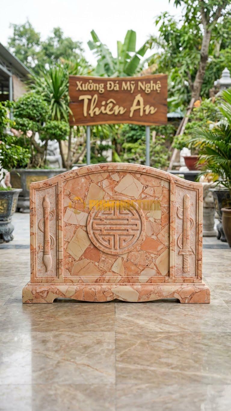 Cuốn Thư Đá Hồng Chữ Thọ Tròn L127: Chữ Thọ Triện Tròn Ở Giữa, Bút Kiếm Hai Bên. (L127 x H81 Cm).