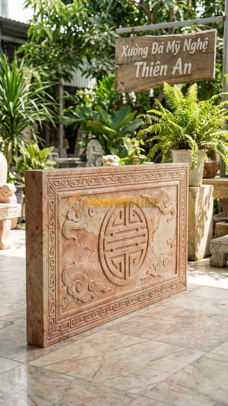 Cuốn Thư Đá Hồng Chữ Thọ Vuông L147: Chữ Thọ Vuông Vức, Viền Gấm. (L147 x H89 Cm).