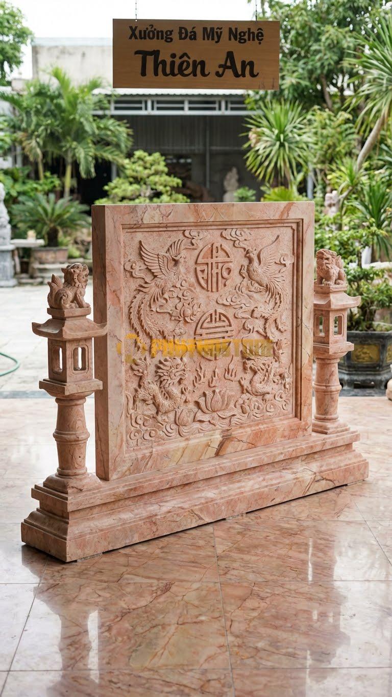 Cuốn Thư Đá Hồng Cột Đèn Kết Hợp Nghê L167: Dưới Là Lồng Đèn, Trên Nắp Đèn Có Con Nghê Nhỏ. (L167 x H155 Cm).