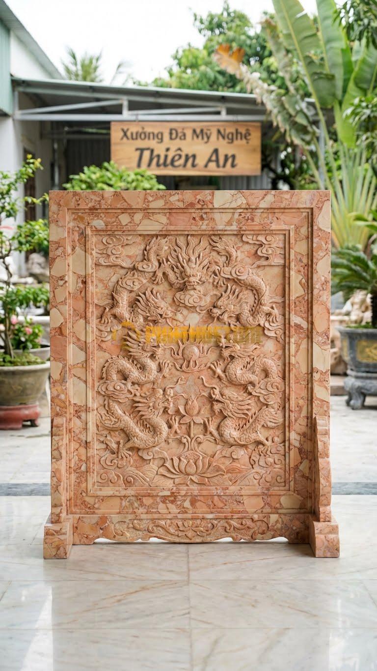 Cuốn Thư Đá Hồng Cửu Long (9 Rồng) L235: Mẫu Đại, Chạm 9 Con Rồng Vờn Ngọc. (L235 x H176 Cm).