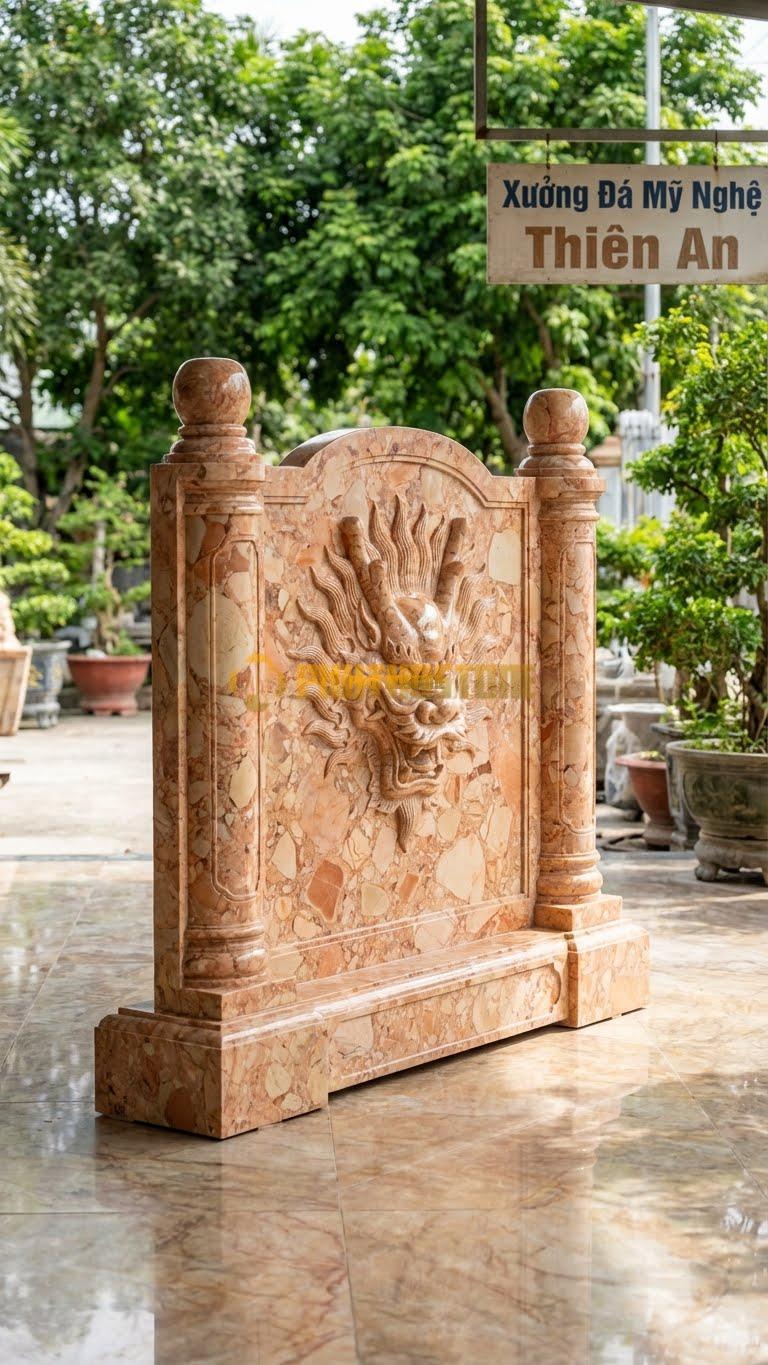 Cuốn Thư Đá Hồng Đại Tự Long L217: Chạm Một Đầu Rồng Cực Lớn Chính Diện, Cột Trụ Biểu To. (L217 x H167 Cm).