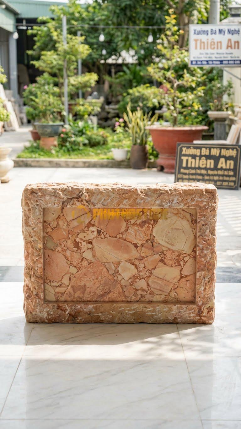 Cuốn Thư Đá Hồng Liền Khối Băm Nhám L133: Phong Cách Thô Mộc, Nguyên Khối Đá Sần. (L133 x H81 Cm).