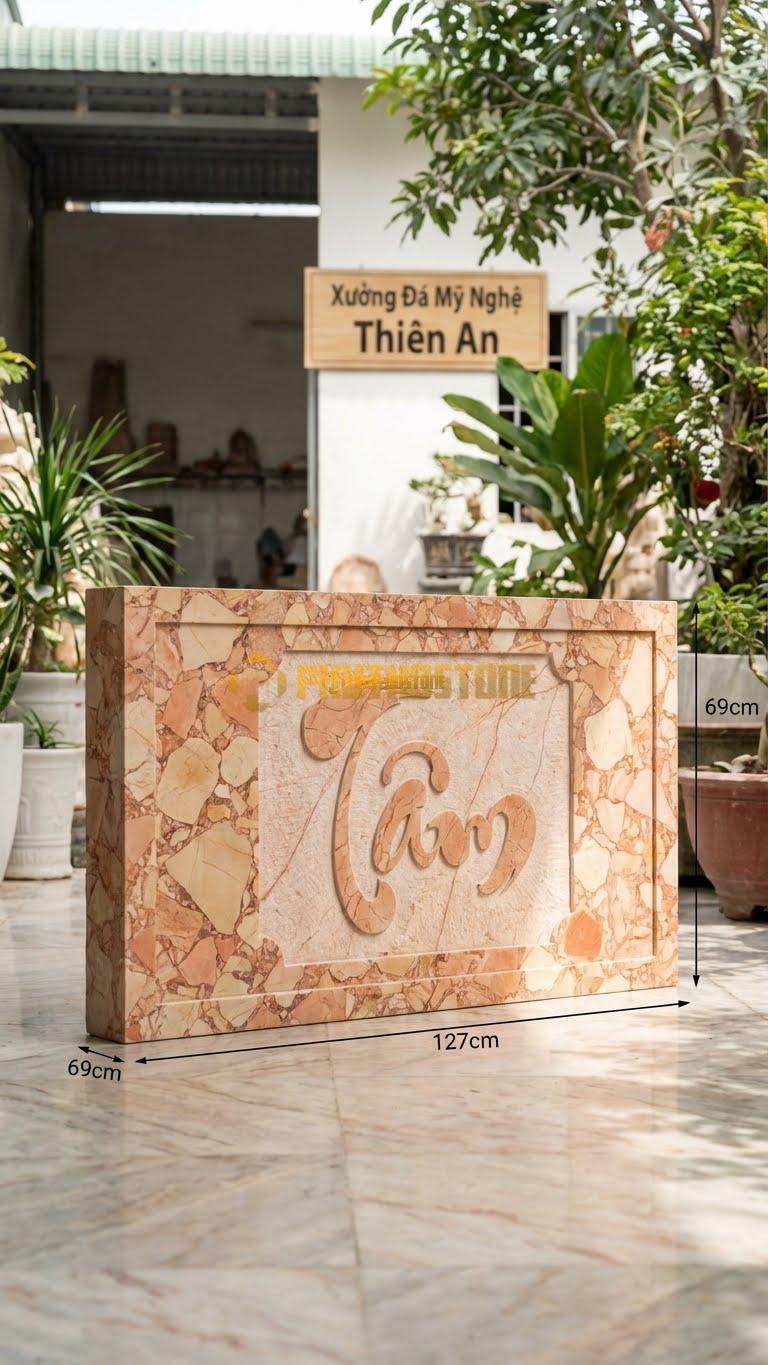 Cuốn Thư Đá Hồng Liền Khối Chữ Tâm L127: Chạm Duy Nhất Chữ Tâm, Đơn Giản. (L127 x H69 Cm).