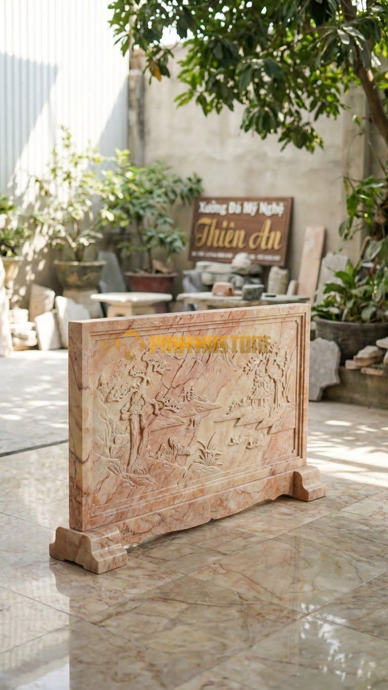 Cuốn Thư Đá Hồng Liền Khối Đục Nông L117: Hoa Văn Chạm Khắc Nhẹ Trên Bề Mặt (Tranh Đồ Họa). (L117 x H69 Cm).