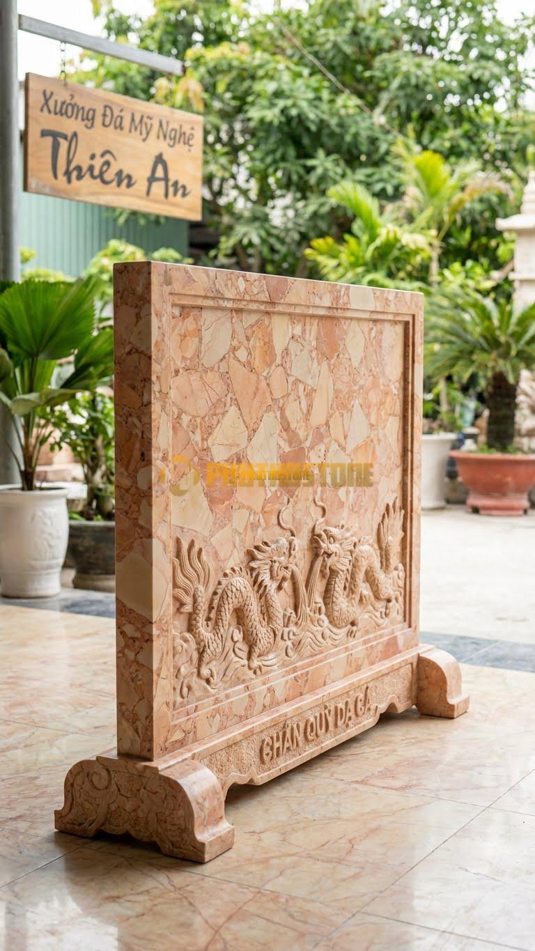 Cuốn Thư Đá Hồng Long Cuốn Thủy L167: Thân Chạm Rồng Hút Nước, Đế Chân Quỳ Dạ Cá. (L167 x H133 Cm).