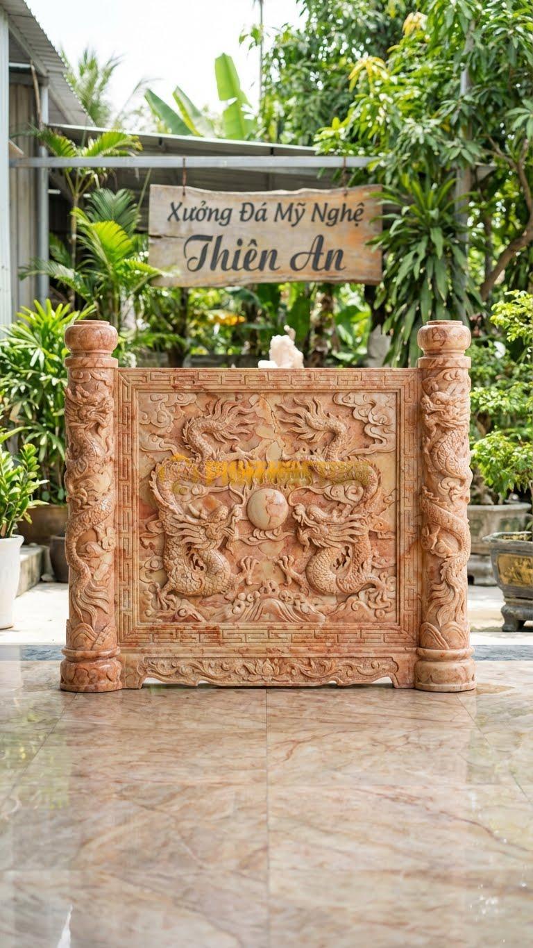 Cuốn Thư Đá Hồng Lưỡng Long Chầu Nguyệt L147: Thân Chạm 2 Rồng Chầu Mặt Trăng, Cột Chạm Rồng Quấn. (L147 x H127 Cm).