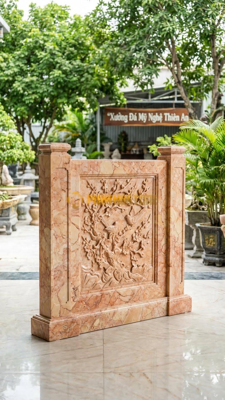 Cuốn Thư Đá Hồng Mai Điểu (Hoa Mai Chim Chóc) L133: Họa Tiết Mùa Xuân Vui Tươi, Cột Vuông Trơn. (L133 x H117 Cm).