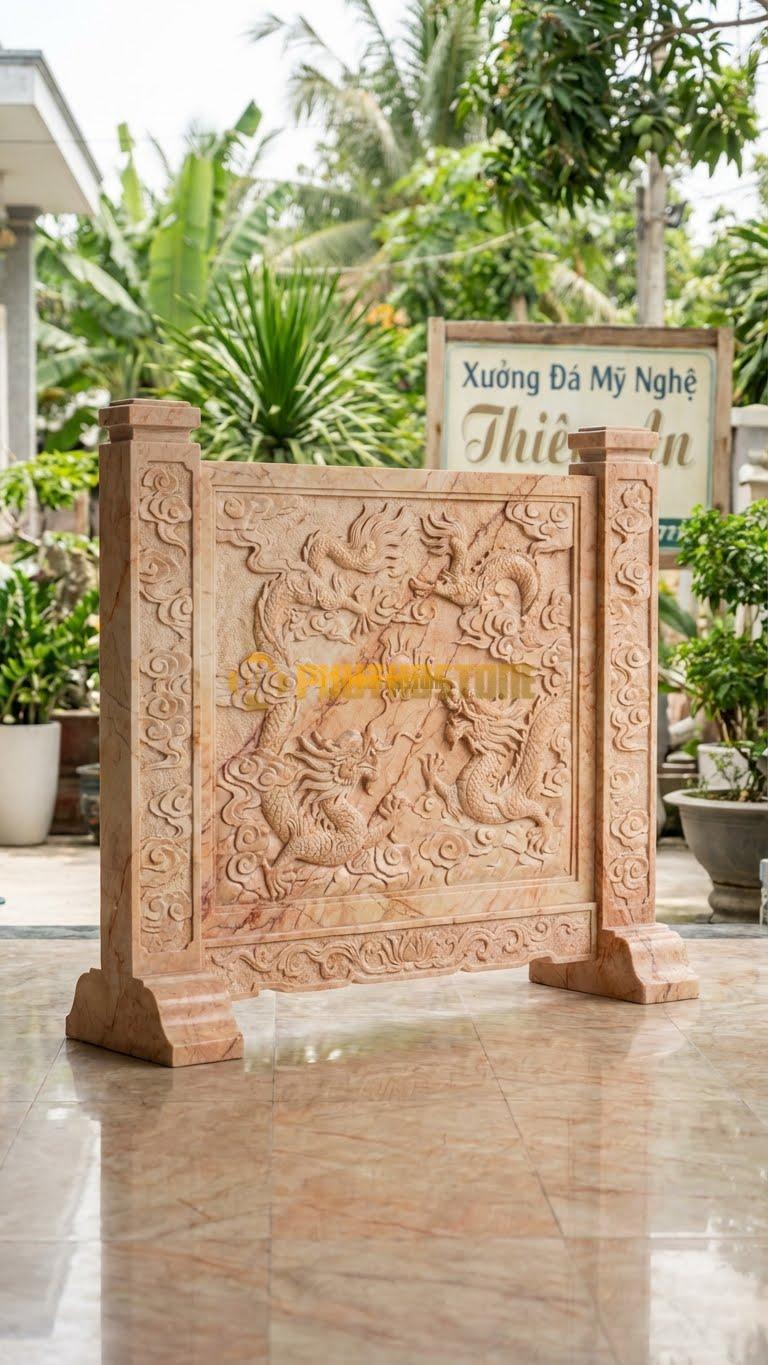 Cuốn Thư Đá Hồng Rồng Hóa Mây L197: Rồng Ẩn Hiện Trong Vân Mây, Cột Chạm Vân Mây Đồng Bộ. (L197 x H155 Cm).