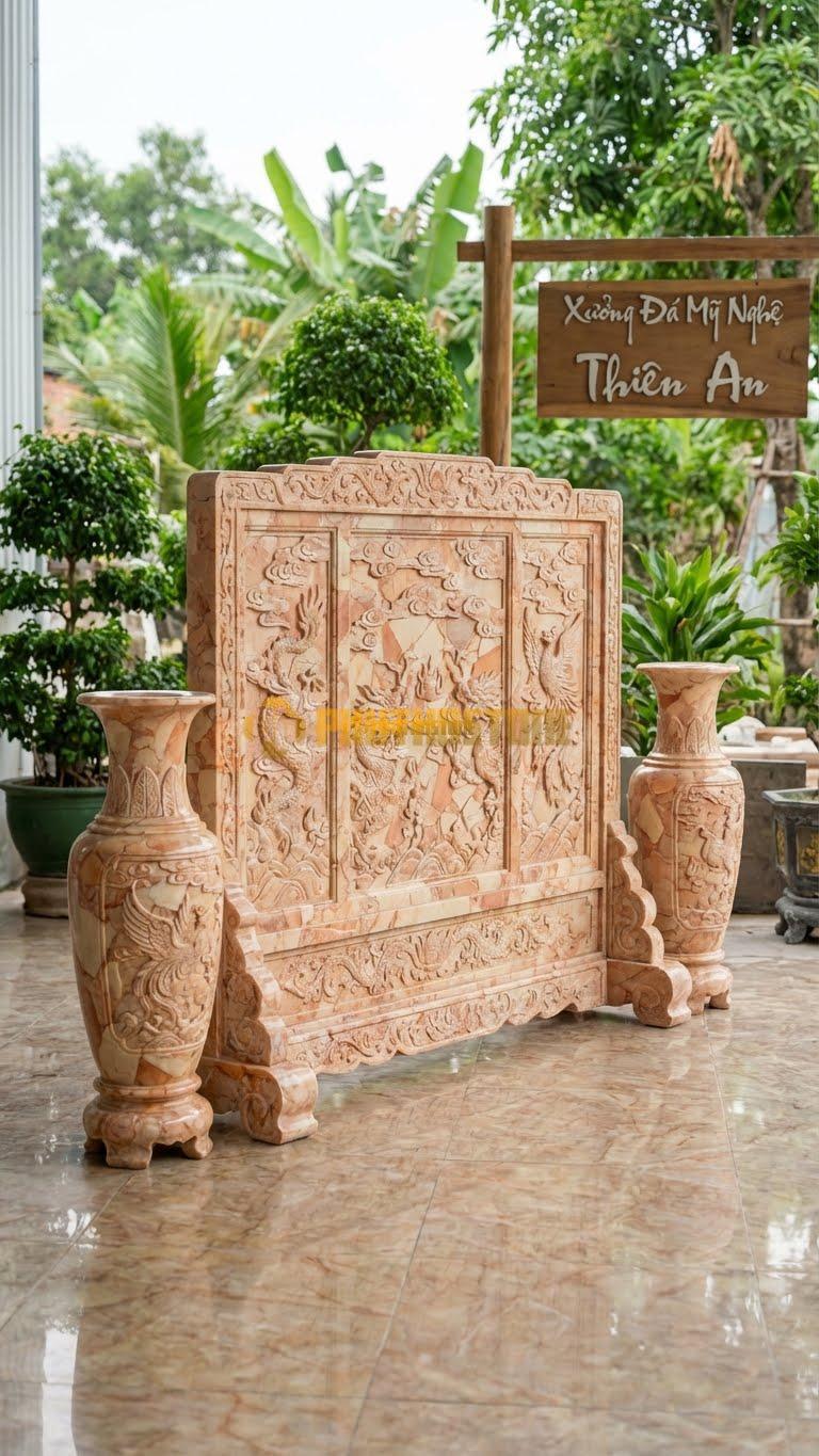 Cuốn Thư Đá Hồng Tam Quan Lục Bình L280: Hai Cột Bên Là 2 Lọ Lục Bình Đá Khổng Lồ. (L280 x H176 Cm).