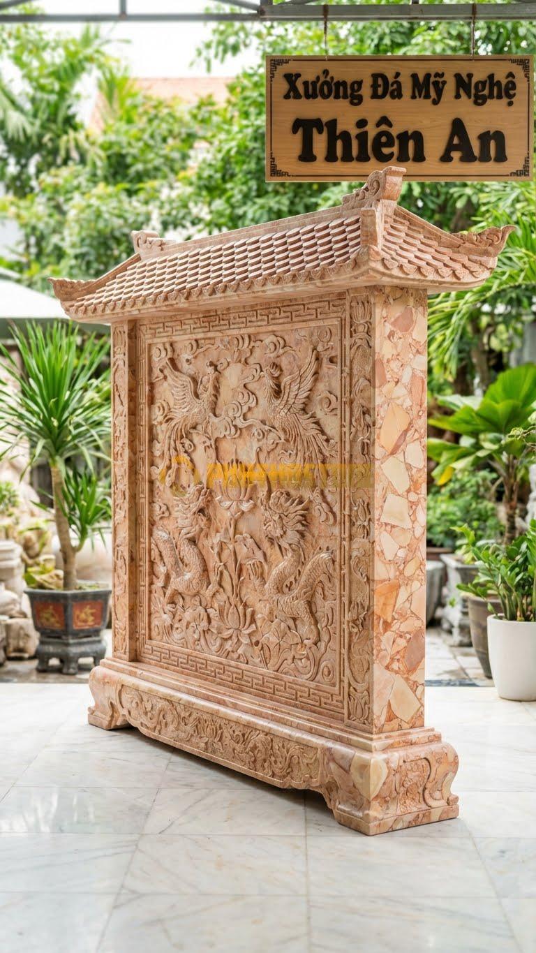 Cuốn Thư Đá Hồng Tam Quan Mái Che L320: Có Phần Mái Ngói Che Trên Đỉnh Cuốn Thư. (L320 x H217 Cm).