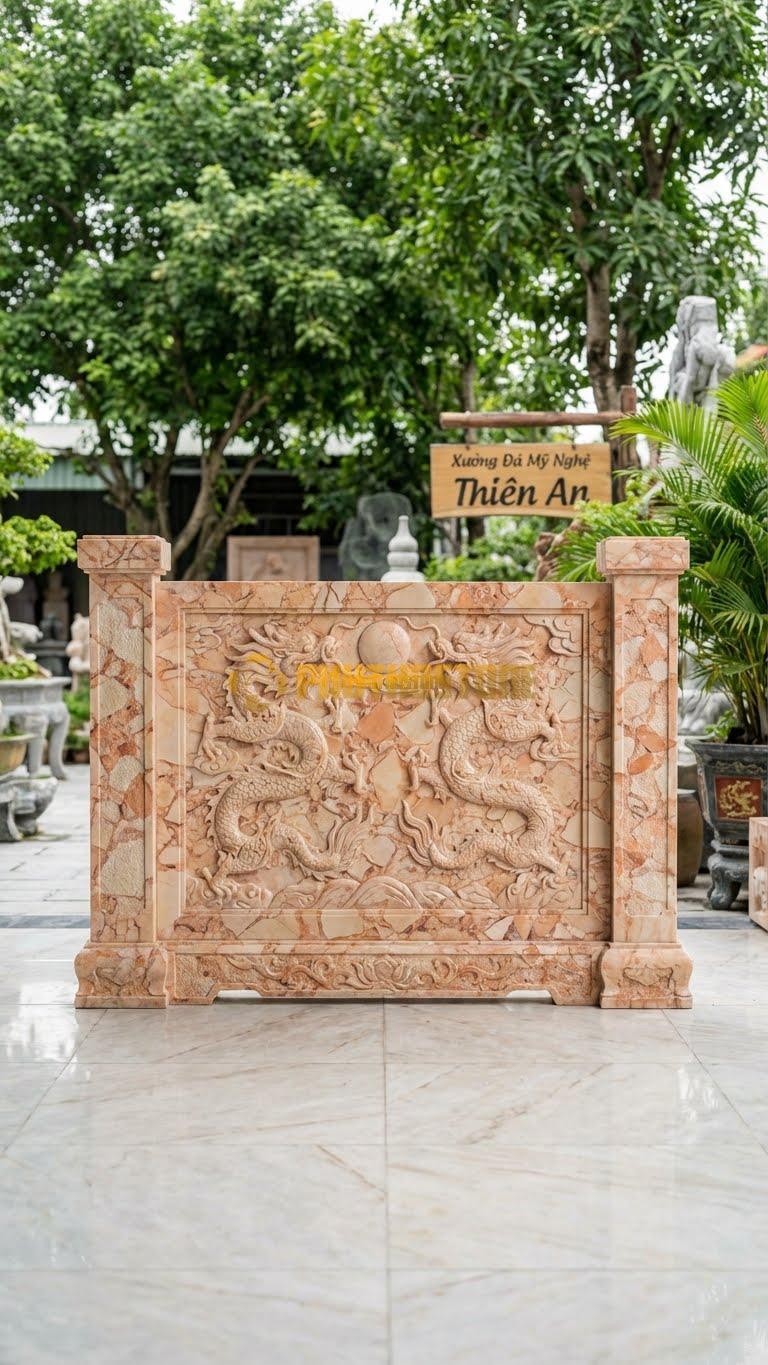 Cuốn Thư Đá Hồng Tam Quan Rồng Chầu L255: Cột Trụ 30Cm, Thân Chạm Lưỡng Long. (L255 x H197 Cm).