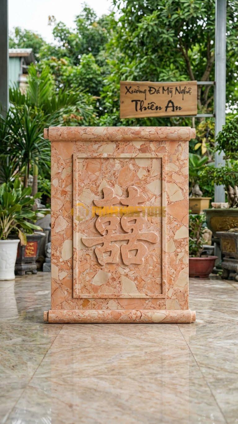 Cuốn Thư Đá Hồng Tam Quan Song Hỷ L217: Chạm Chữ Song Hỷ Lớn. (L217 x H167 Cm).