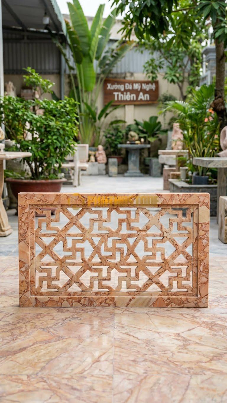 Cuốn Thư Đá Hồng Thông Phong Chữ Vạn L127: Họa Tiết Lưới Chữ Vạn Đục Thủng. (L127 x H69 Cm).