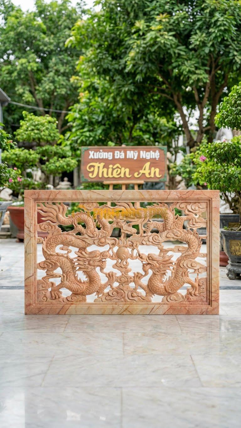 Cuốn Thư Đá Hồng Thông Phong Rồng L147: Rồng Uốn Lượn, Các Khe Hở Đục Thủng Hoàn Toàn. (L147 x H89 Cm).