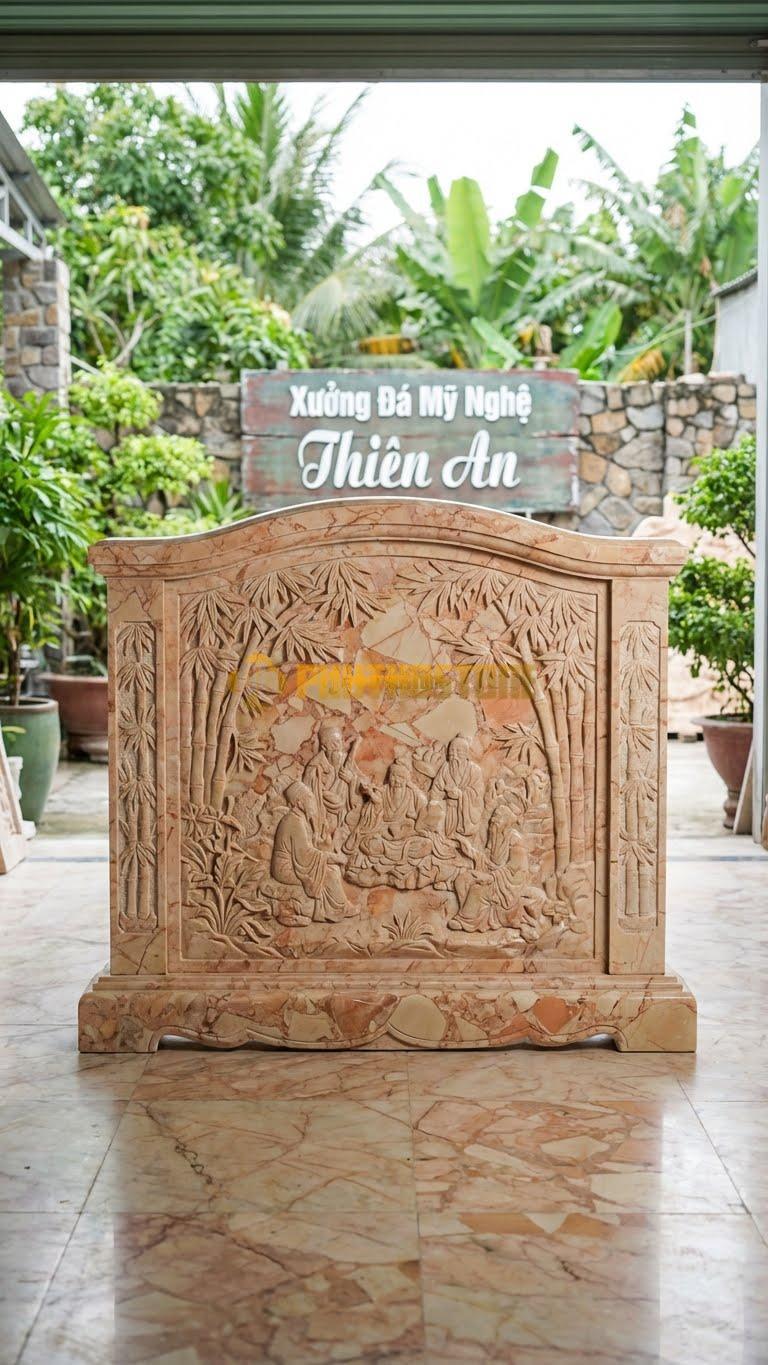 Cuốn Thư Đá Hồng Trúc Lâm Thất Hiền L155: Chạm Cảnh Rừng Trúc, Cột Chạm Đốt Trúc Quân Tử. (L155 x H127 Cm).