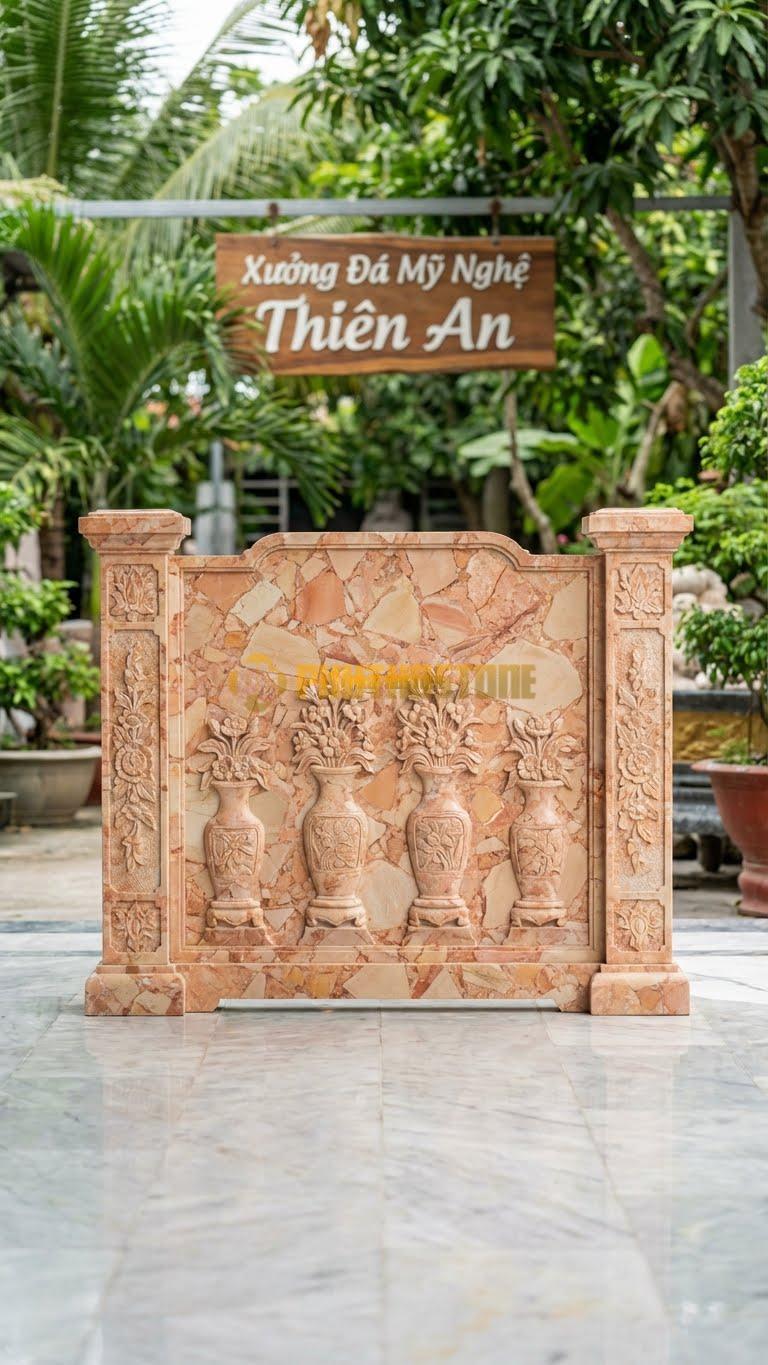 Cuốn Thư Đá Hồng Tứ Bình (Bình Hoa) L155: Chạm 4 Lọ Lộc Bình Cắm Hoa, Cột Chạm Bình Bông. (L155 x H127 Cm).