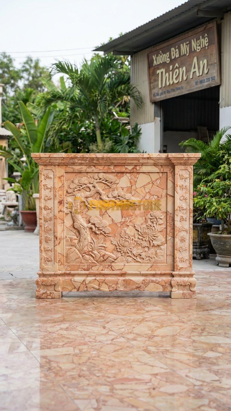 Cuốn Thư Đá Hồng Tứ Quý Tùng Cúc L147: Mặt Trước Tùng-Cúc, Mặt Sau Trúc-Mai, Cột Chạm Câu Đối. (L147 x H127 Cm).