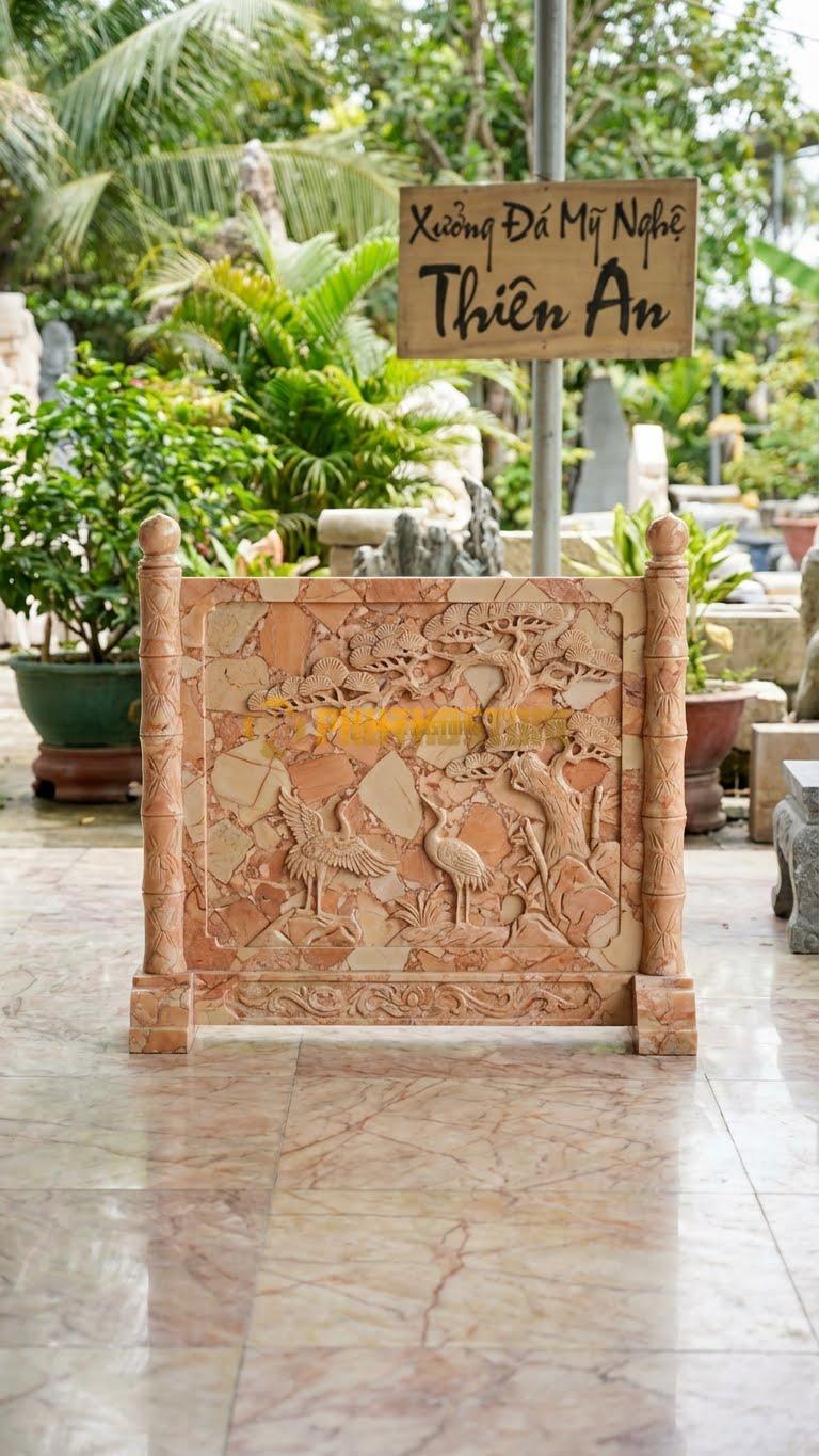 Cuốn Thư Đá Hồng Tùng Hạc Diên Niên L167: Chạm Cây Tùng Và Chim Hạc, Cột Chạm Trúc. (L167 x H133 Cm).