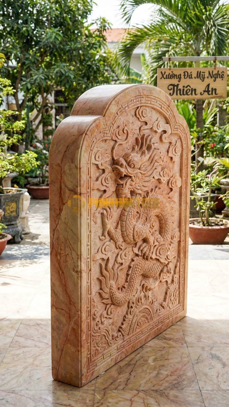 Cuốn Thư Đá Hồng Xanh Rêu Chạm Kênh Bong L167: Đục Rồng Nổi Cực Sâu Do Đá Dai, Không Vỡ. (L167 x H147 Cm).