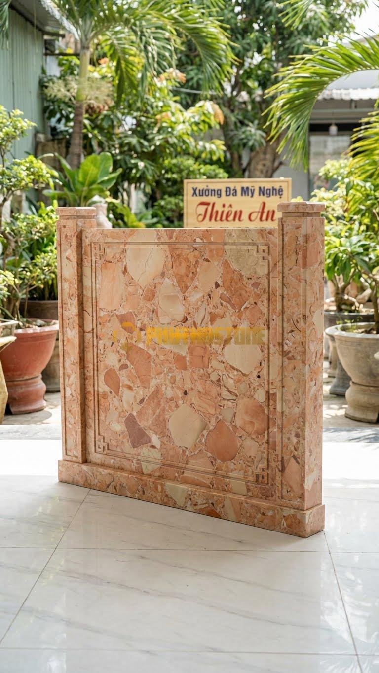 Cuốn Thư Đá Hồng Xanh Rêu Cột Vuông L133: Thiết Kế Hiện Đại, Vuông Vức, Ít Hoa Văn. (L133 x H117 Cm).