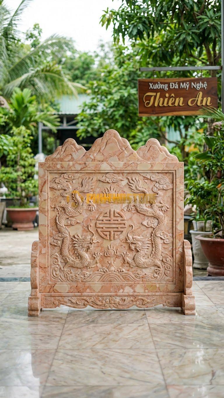 Cuốn Thư Đá Hồng Xanh Rêu Tam Sơn L147: Phần Trán Cuốn Thư Chia 3 Ngọn Núi Rõ Rệt. (L147 x H127 Cm).