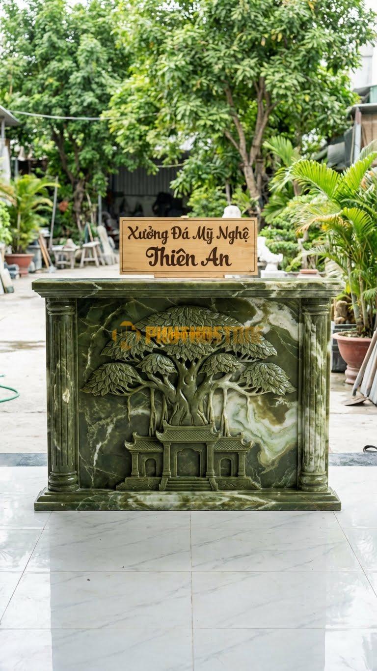 Cuốn Thư Đá Serpentine Cây Cổ Thụ L217: Chạm Cây Đại Thụ Tán Rộng Che Chở, Cột Sần Sùi Giả Gỗ. (L217 x H167 Cm).