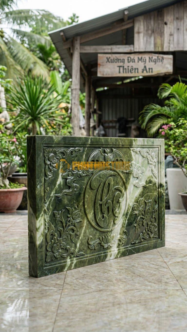 Cuốn Thư Đá Serpentine Chữ Thọ Đỉnh Dơi L133: Trên Chữ Thọ Có Con Dơi Dang Cánh. (L133 x H81 Cm).