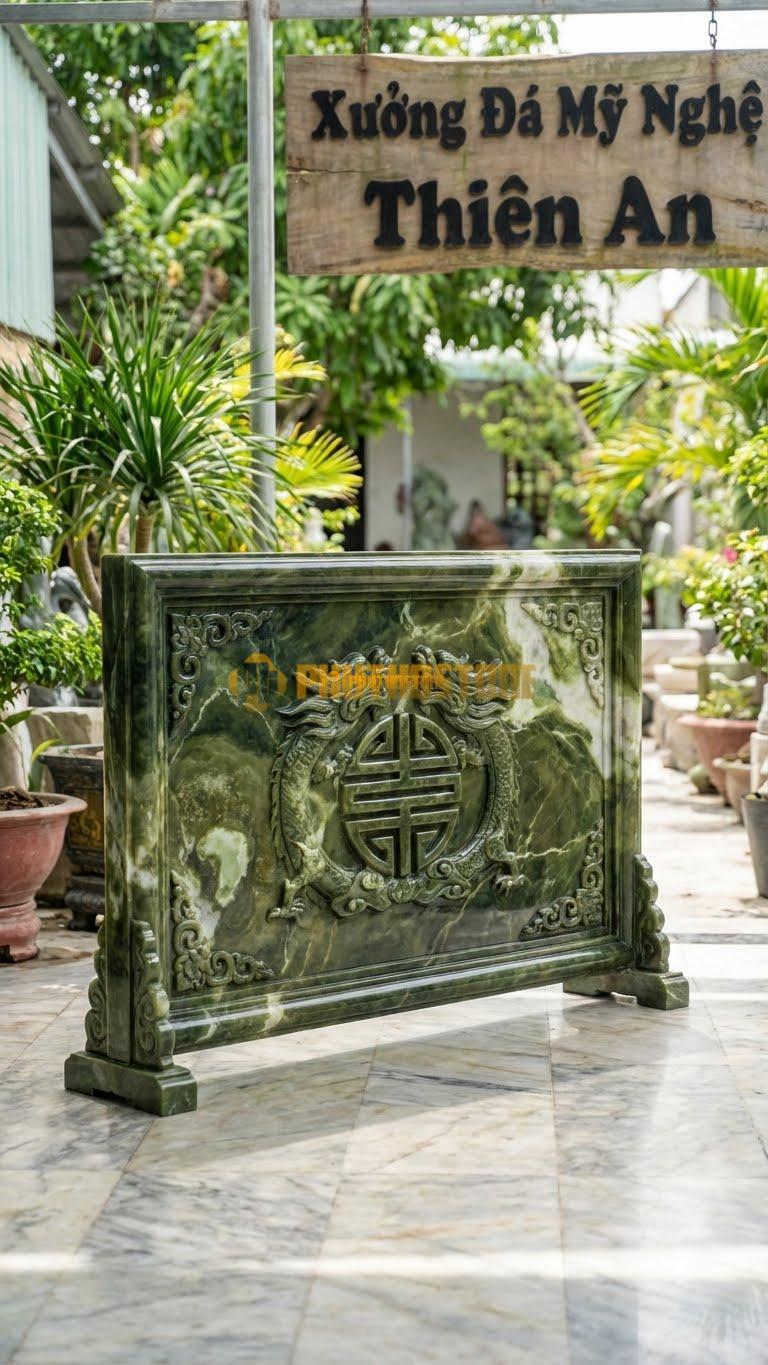 Cuốn Thư Đá Serpentine Chữ Thọ Hóa Rồng L155: Nét Chữ Thọ Được Cách Điệu Từ Đầu Rồng. (L155 x H107 Cm).