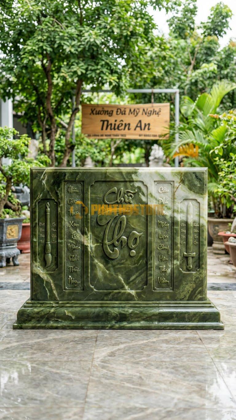 Cuốn Thư Đá Serpentine Chữ Thọ Kết Hợp Câu Đối L176: Hai Bên Bút Kiếm Có Khắc Câu Đối Nhỏ. (L176 x H127 Cm).