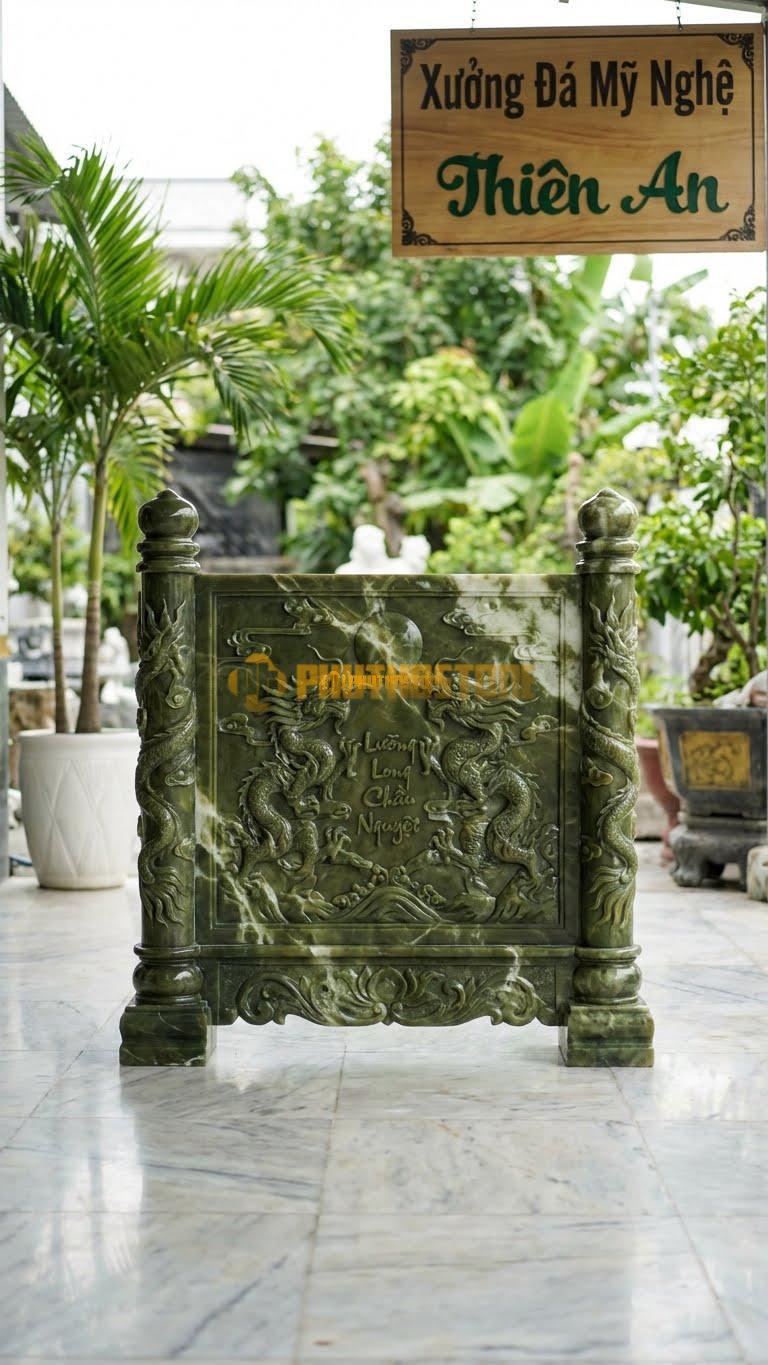 Cuốn Thư Đá Serpentine Lưỡng Long Chầu Nguyệt L147: Thân Chạm 2 Rồng Chầu Mặt Trăng, Cột Chạm Rồng Quấn. (L147 x H127 Cm).