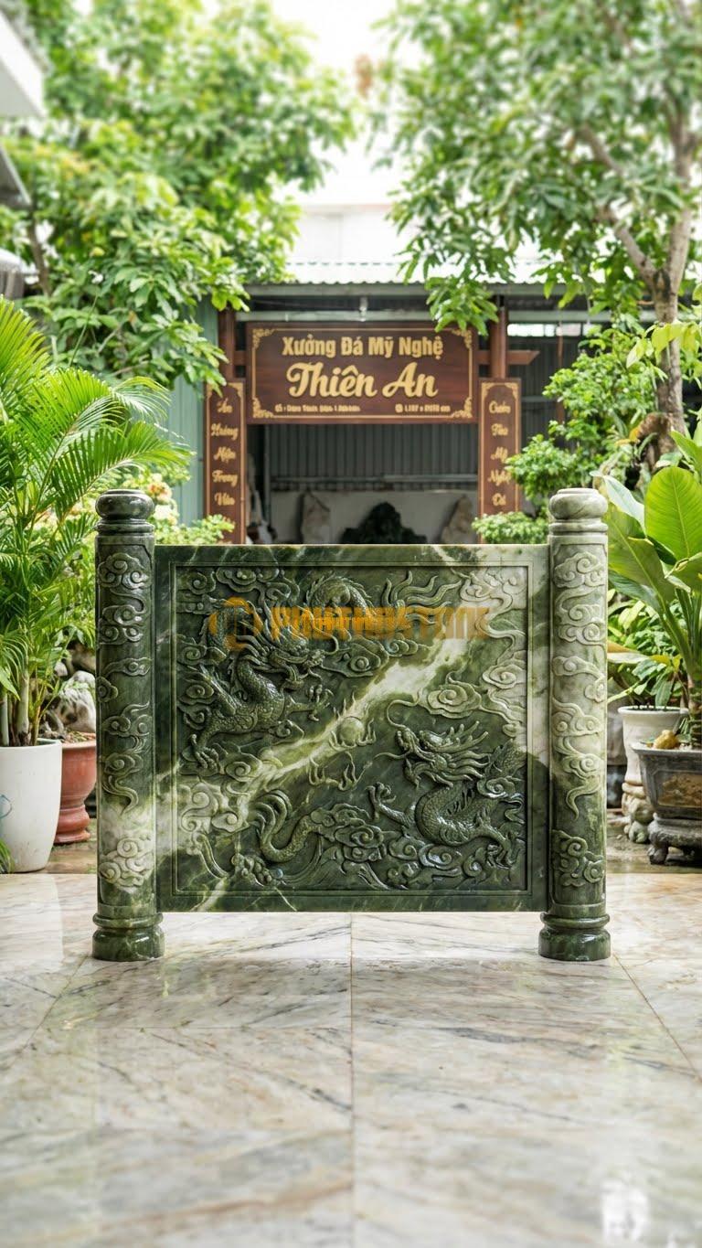 Cuốn Thư Đá Serpentine Rồng Hóa Mây L197: Rồng Ẩn Hiện Trong Vân Mây, Cột Chạm Vân Mây Đồng Bộ. (L197 x H155 Cm).