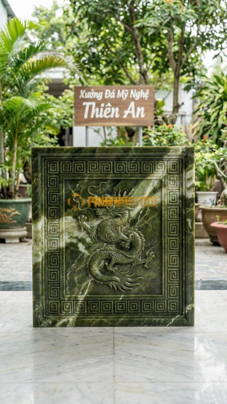 Cuốn Thư Đá Serpentine Rồng Viền Triện L147: Thân Rồng, Viền Chạy Hoa Văn Triện T Vuông Vức. (L147 x H127 Cm).