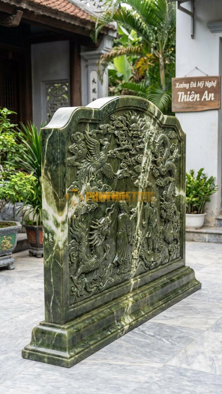 Cuốn Thư Đá Serpentine Tam Quan Chạm Điển Tích L217: Chạm Tranh Dân Gian/Cổ Tích Khổ Lớn. (L217 x H167 Cm).